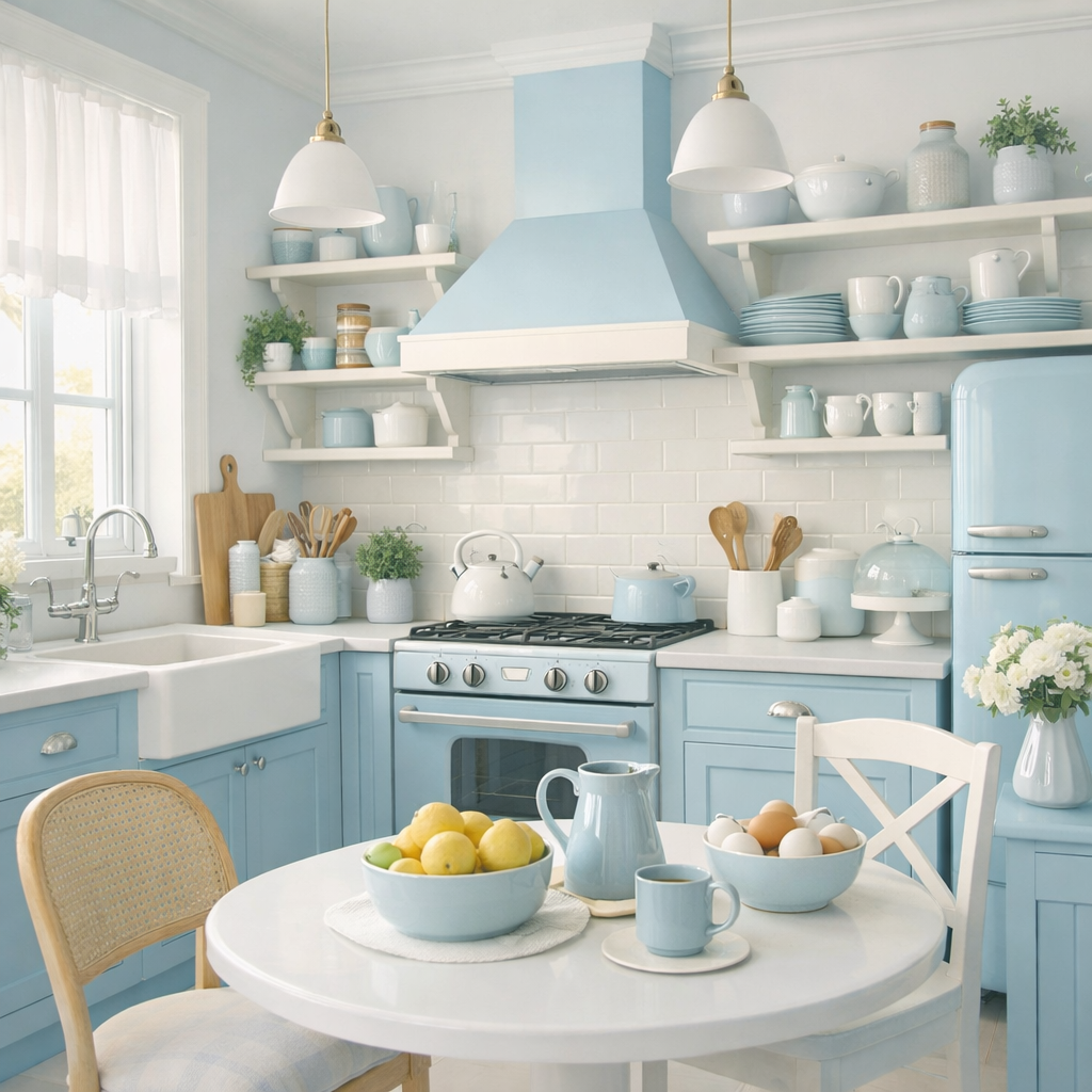 A pastel blue kitchen featuring blue cabinets and white accents, showcasing a cozy breakfast table with fresh ingredients.