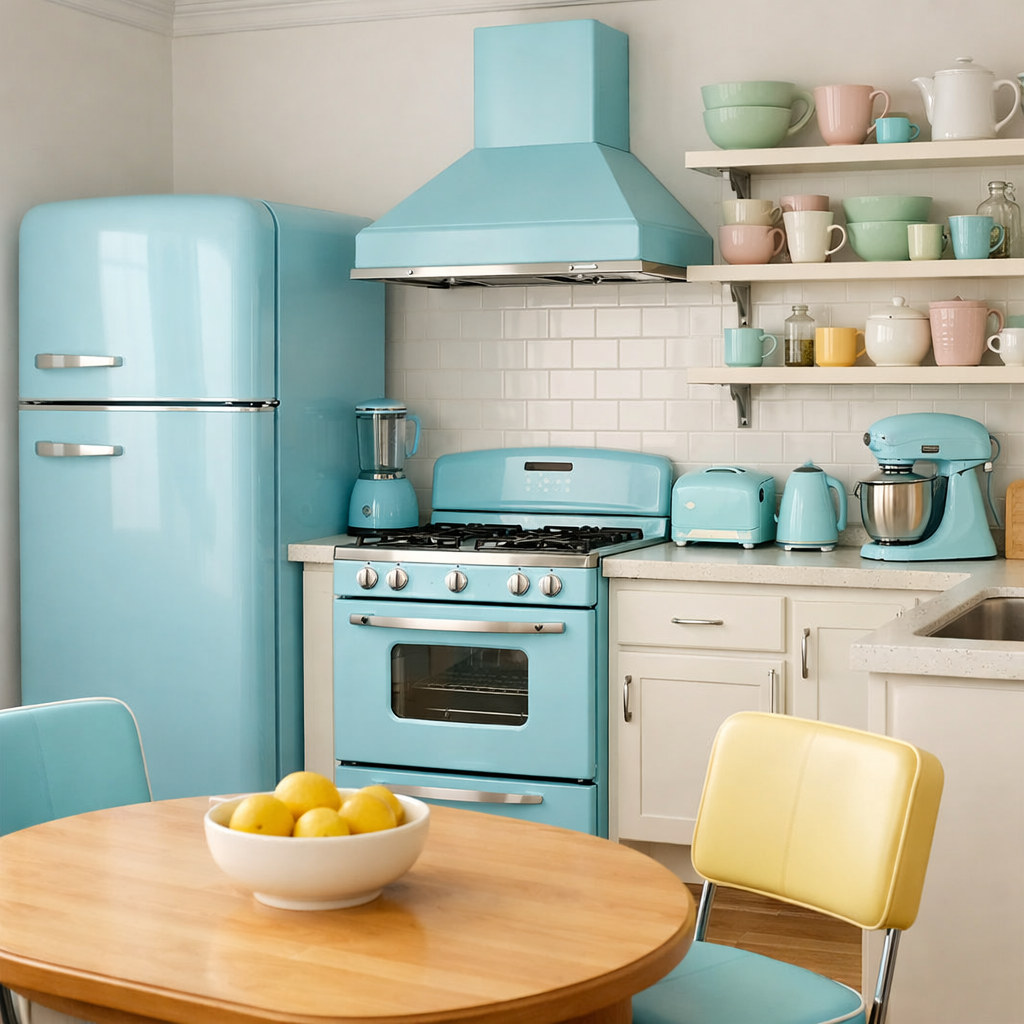 A pastel blue kitchen with matching appliances, including a refrigerator, stove, and small kitchen gadgets, set against a bright and cheerful background.