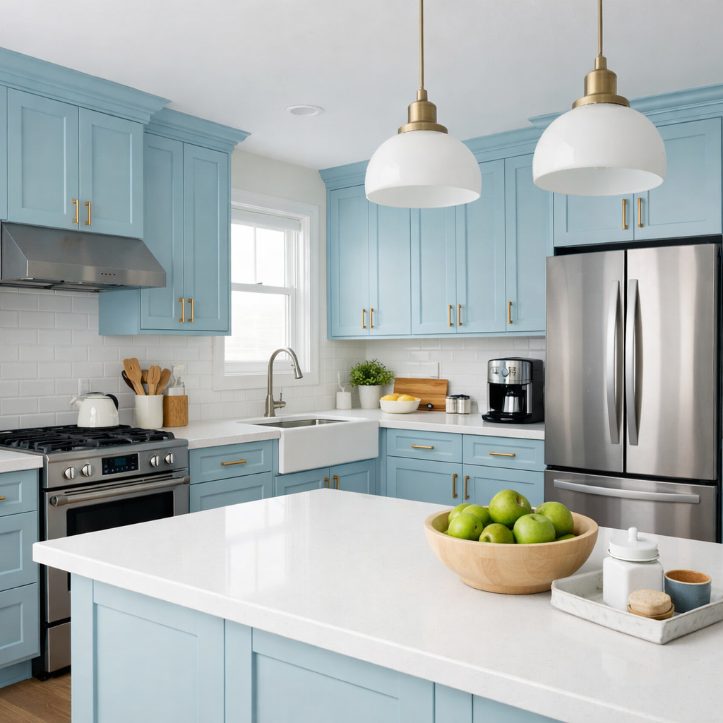 Pastel blue kitchen with cabinets, white countertops, and wooden accents.