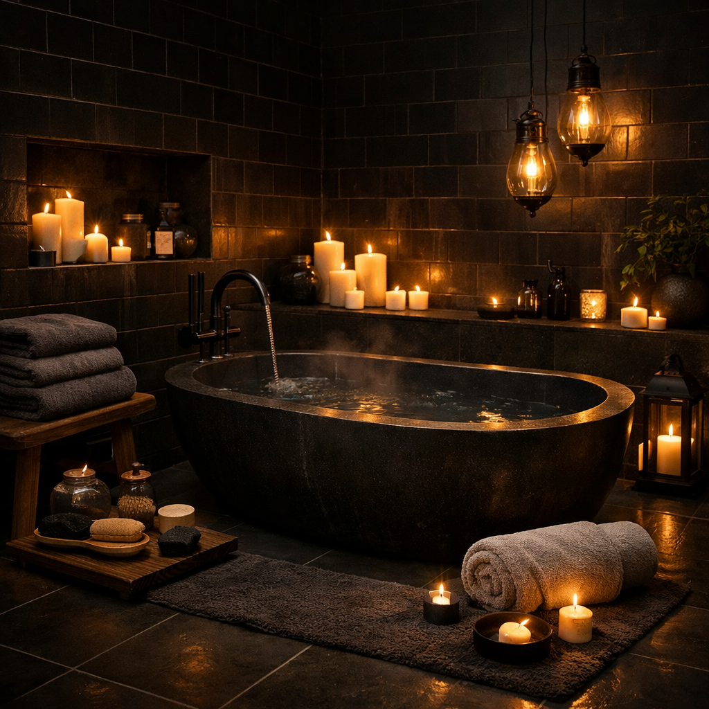 A luxurious black tile bathroom featuring a freestanding tub, soft towels, and candles for a spa-like atmosphere.