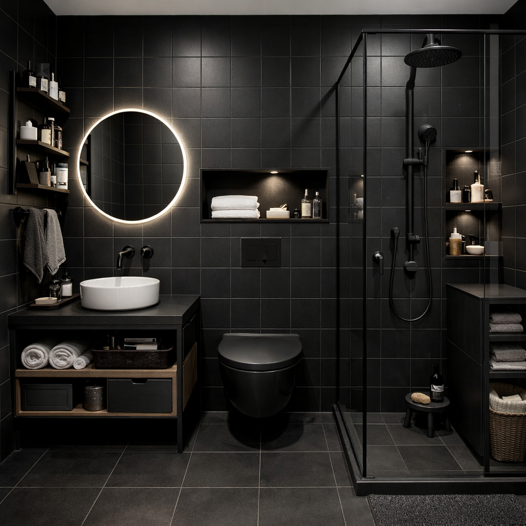 A small black tile bathroom featuring modern fixtures, a circular mirror, and efficient storage solutions.
