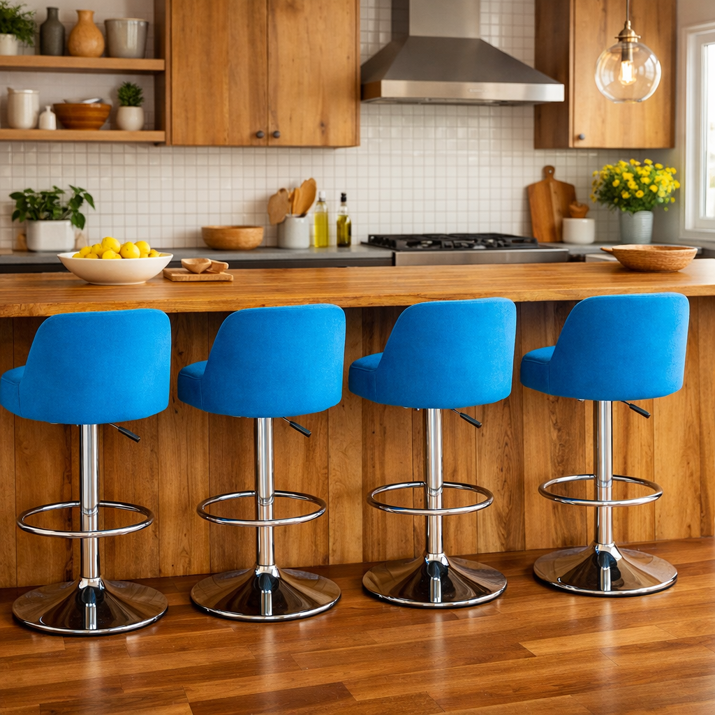 Bright blue bar stools lined up against a wooden kitchen counter