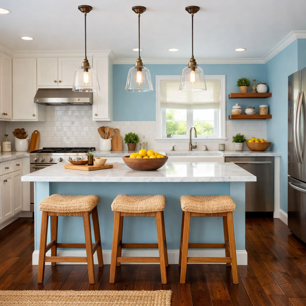 A modern kitchen featuring light blue walls, dark wood flooring, and stylish pendant lights.