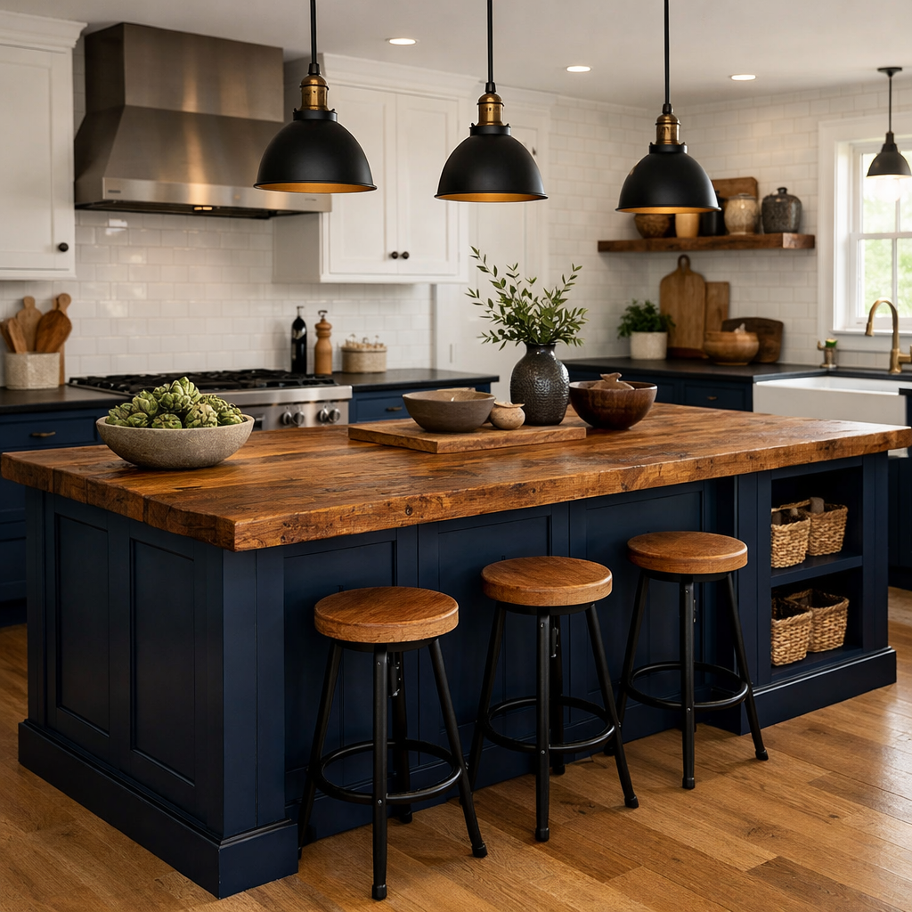 A navy blue kitchen island with a reclaimed wood countertop, surrounded by stools and decorative items in a cozy kitchen.