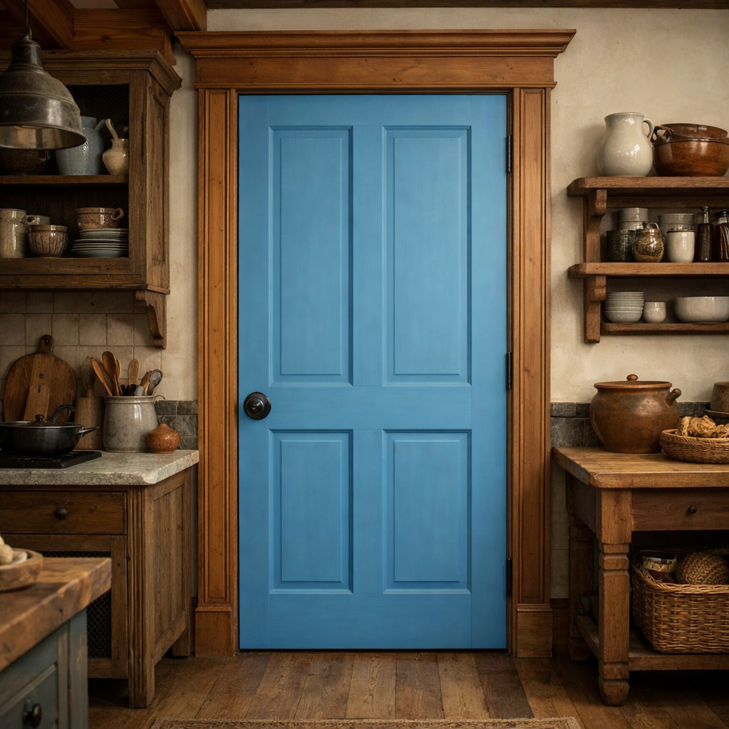 A sky blue pantry door framed by wood trim in a rustic kitchen