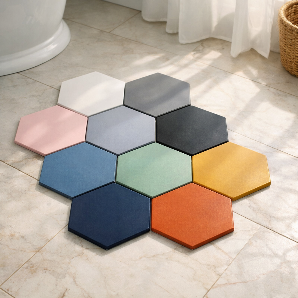 A variety of hexagon tiles in different colors arranged on a bathroom floor.