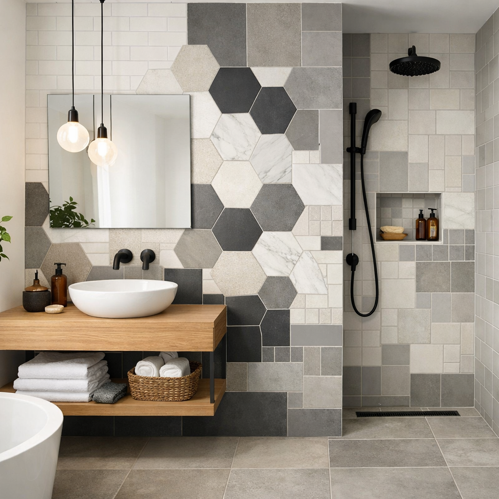A modern bathroom featuring a combination of hexagon, square, and rectangular tiles.