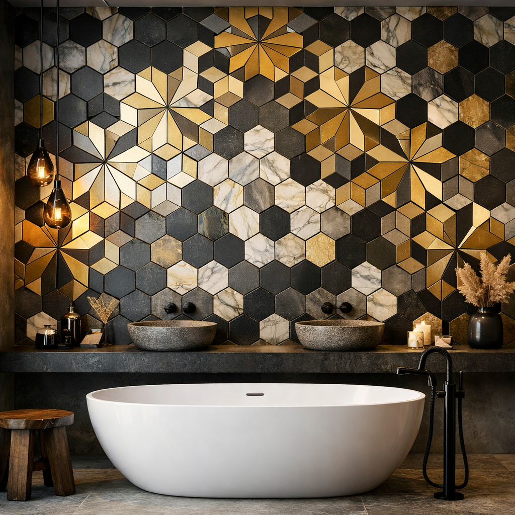 A stylish bathroom featuring a hexagon tile wall in black and gold tones, with a white bathtub and hanging light fixtures.