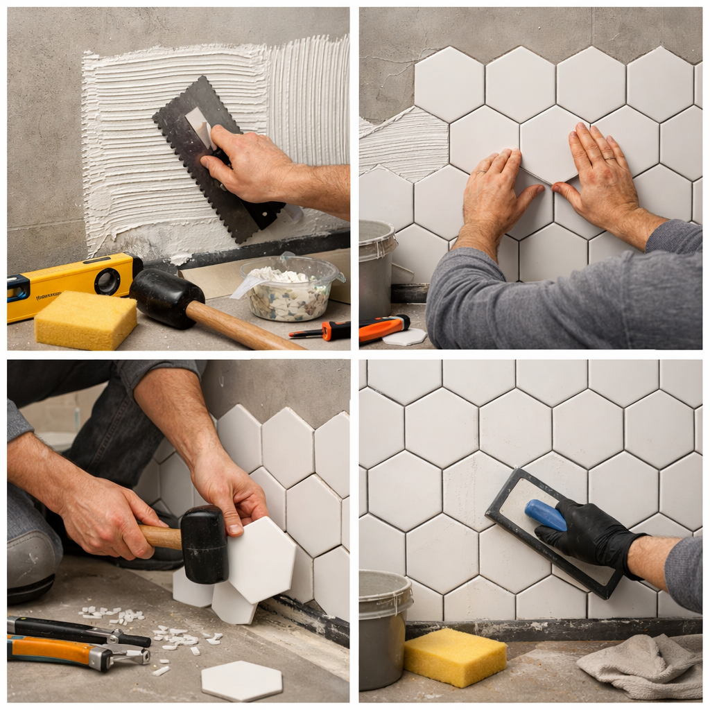 Step-by-step installation of hexagon tiles in a bathroom