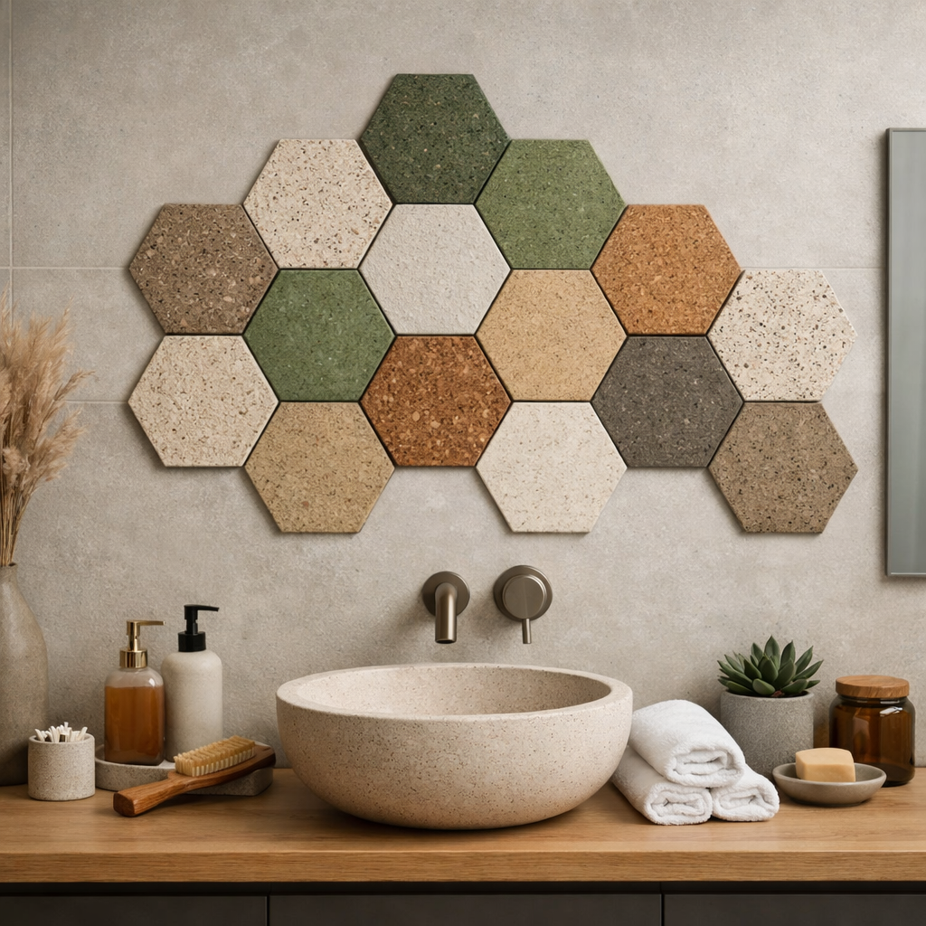 Eco-friendly hexagon tiles in natural colors displayed in a modern bathroom setting