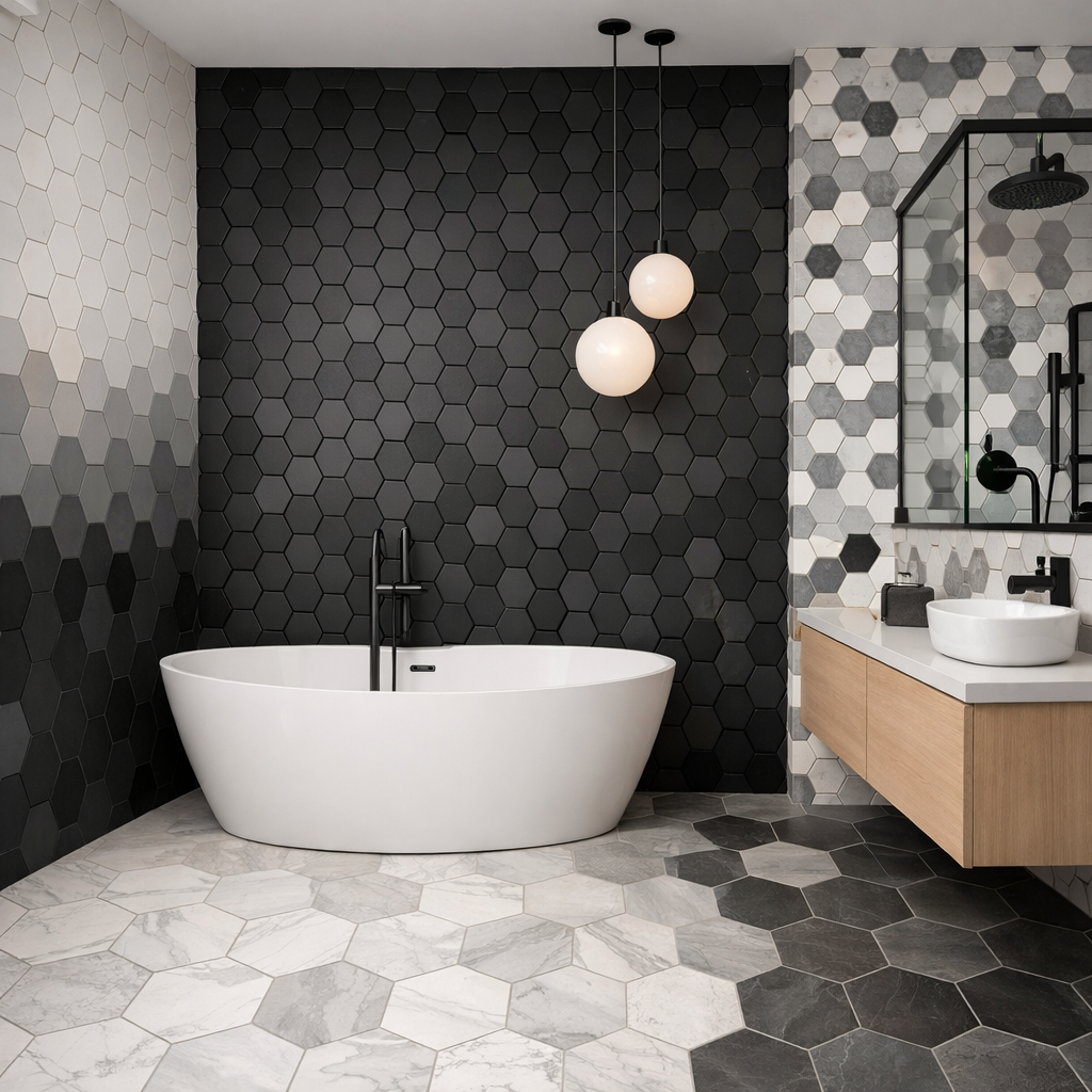 A modern bathroom featuring hexagon tile patterns in shades of black, white, and gray with a freestanding bathtub.