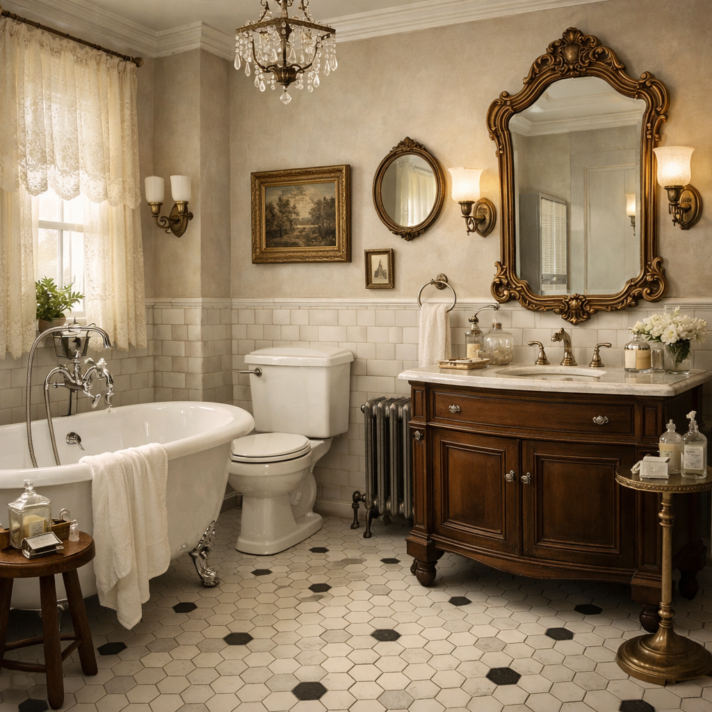 A beautiful bathroom with hexagon tiles on the floor, a vintage bathtub, wooden vanity, and elegant decor.