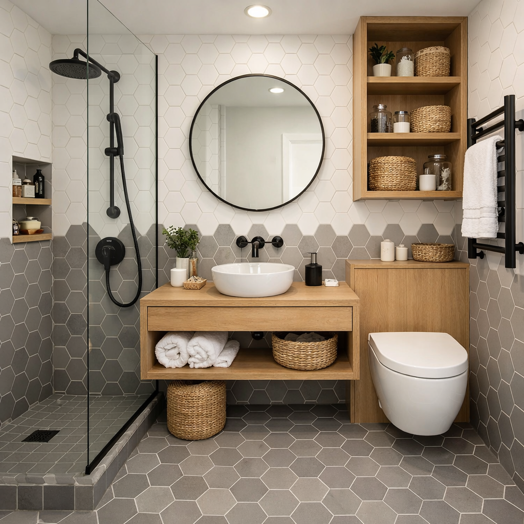A modern bathroom featuring hexagon tiles in gray shades and a minimalist design.