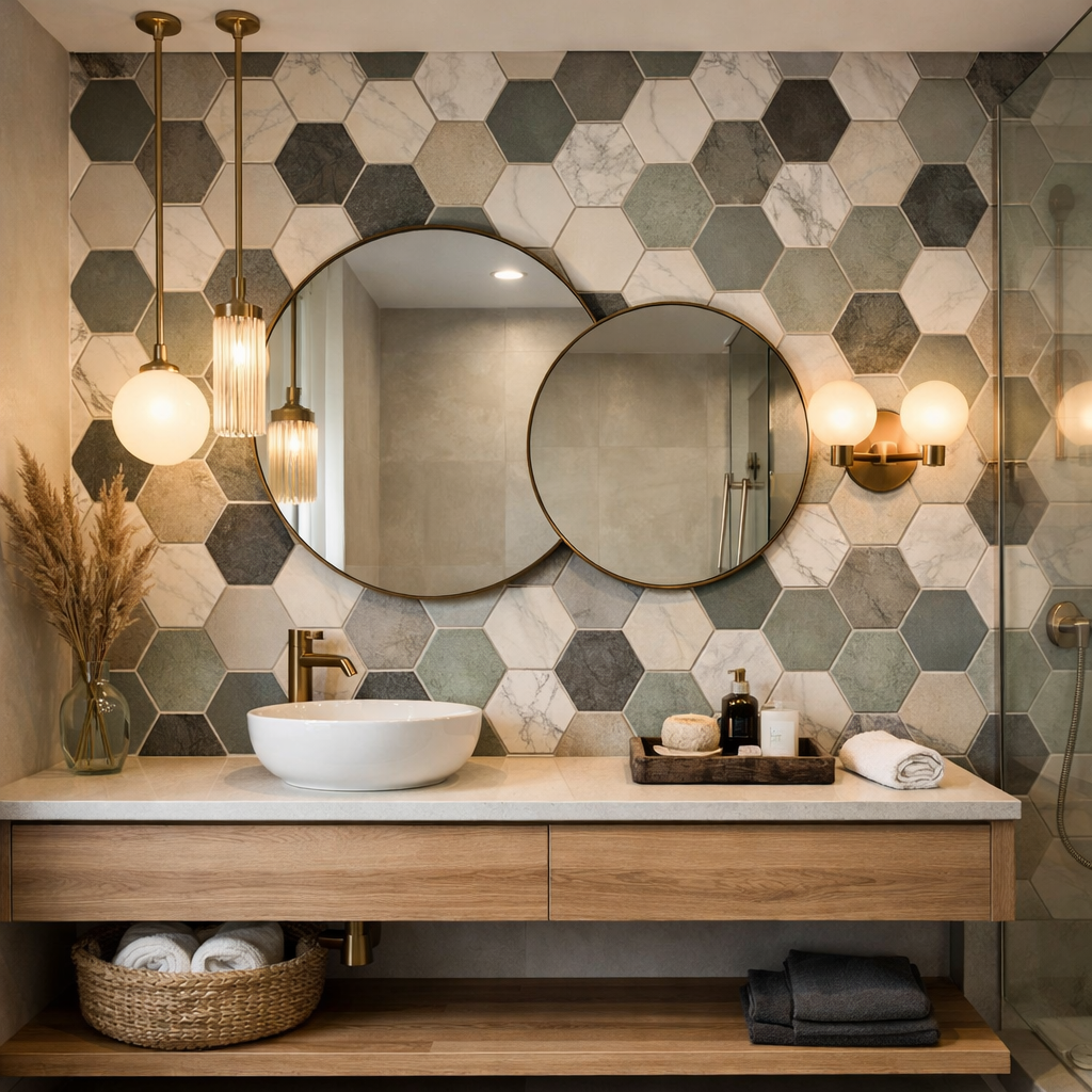 Stylish bathroom featuring hexagon tiles, modern lighting, and mirrors