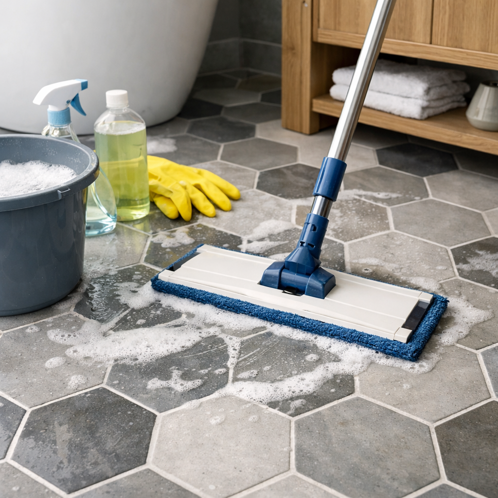 Cleaning hexagon tile bathroom floor with mop and cleaning supplies.