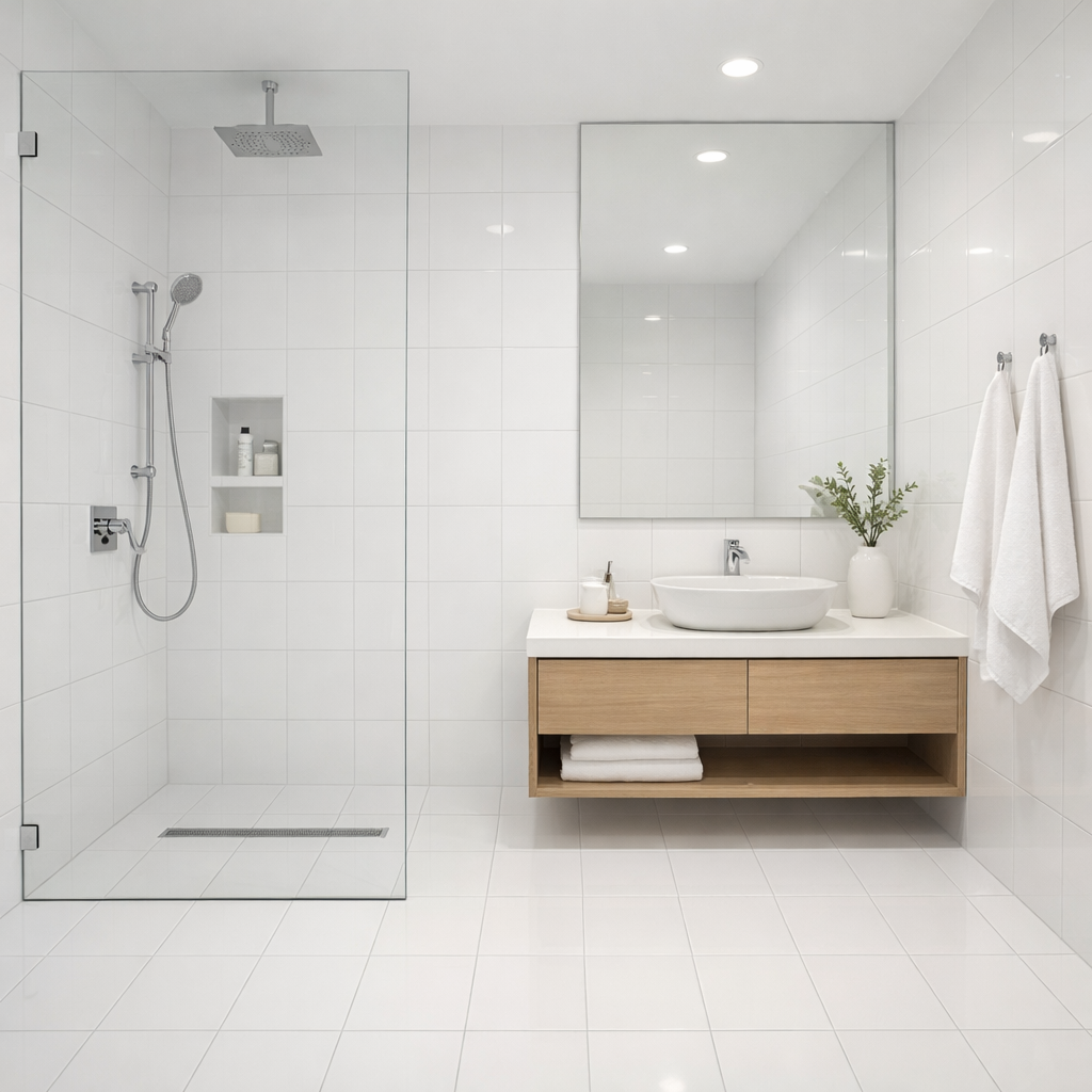 A modern bathroom featuring a white tiled shower and floor with a simple wooden vanity.