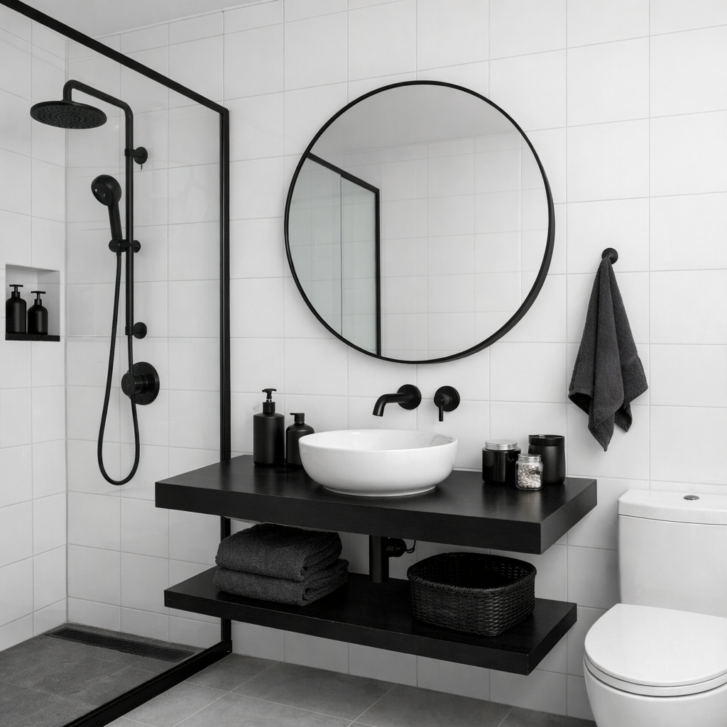 A modern bathroom featuring white tiles and dark fixtures, including a black showerhead, sink faucet, and shelving.