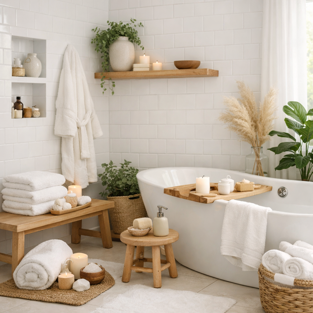 A serene bathroom featuring white tiles, a soaking tub, soft towels, plants, and candles creating a spa-like atmosphere.