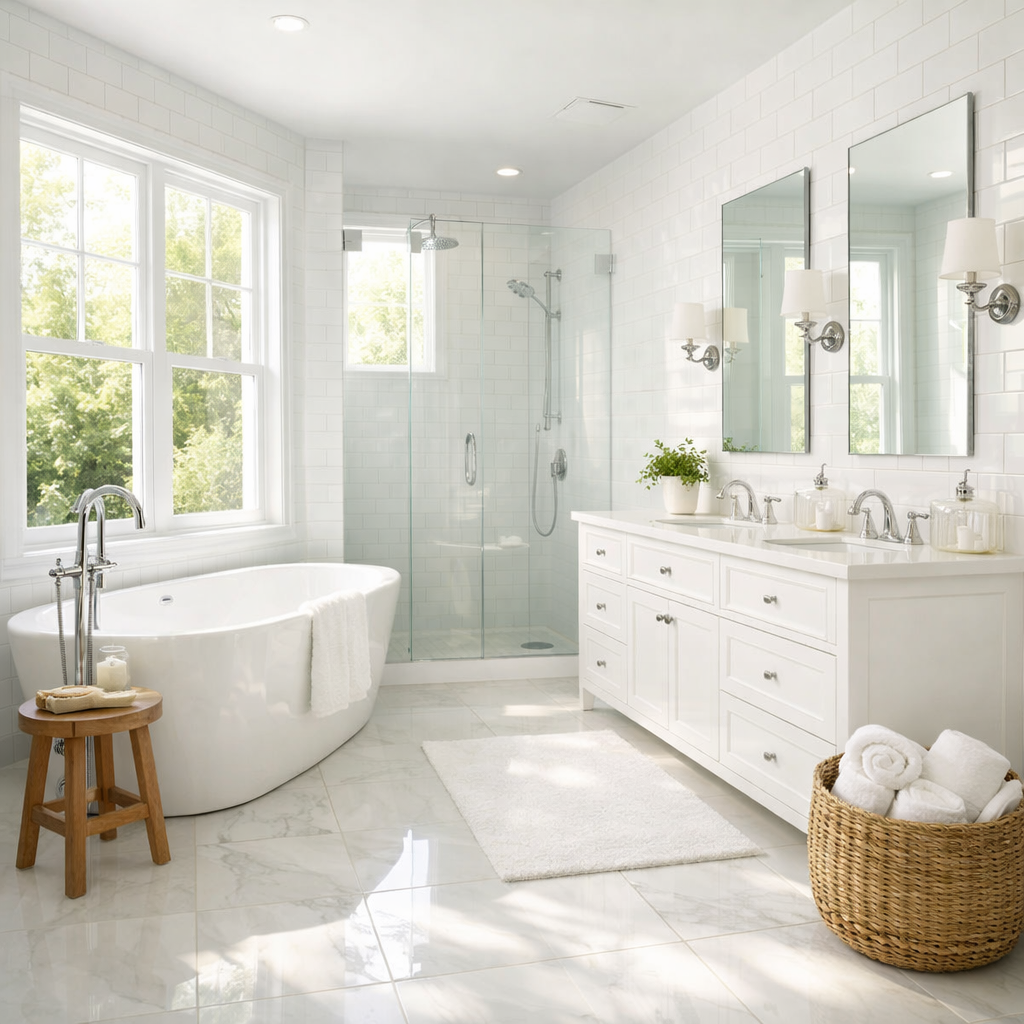A bright and modern white tile bathroom featuring a freestanding tub, clear glass shower, and natural light from the windows.