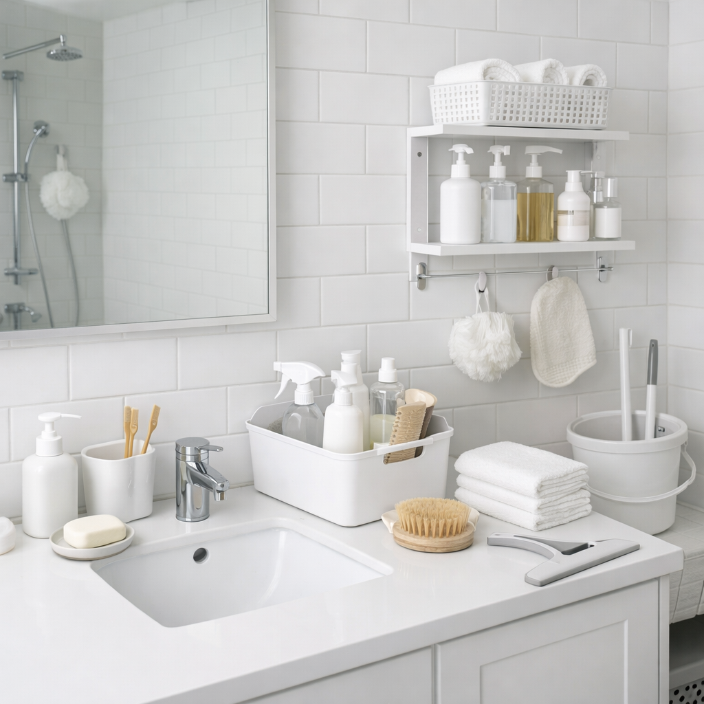 A clean and organized white tile bathroom with toiletries neatly arranged.