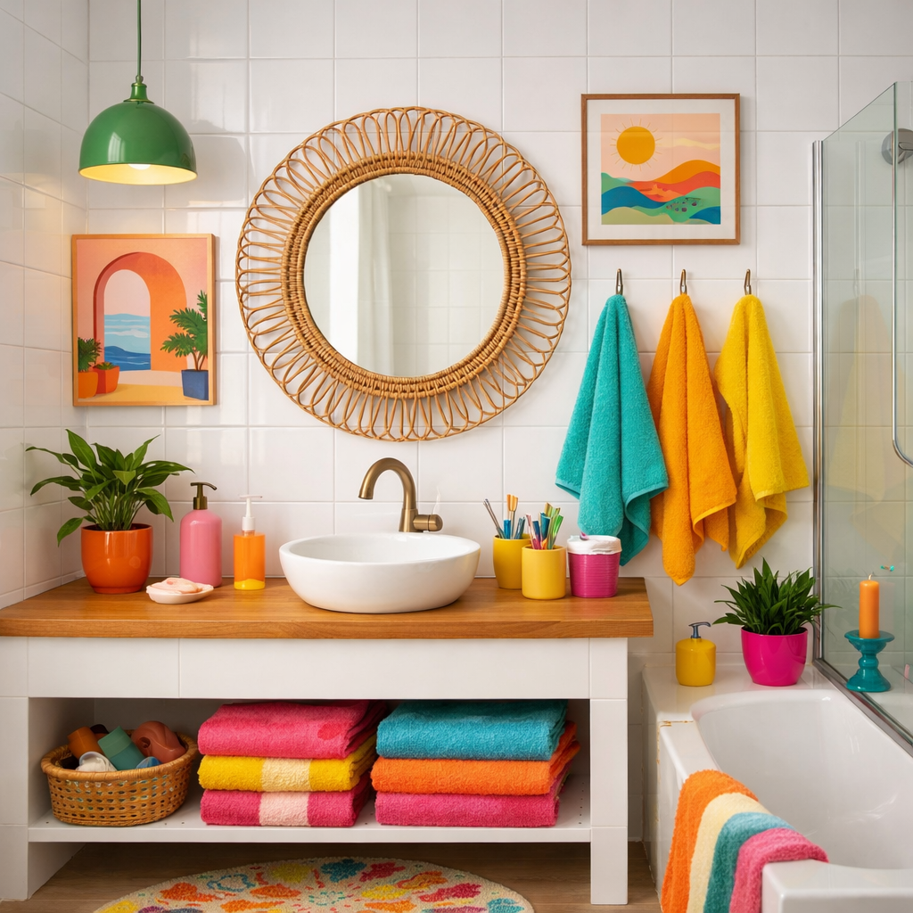 Brightly decorated bathroom with white tiles, featuring colorful towels, playful wall art, and plants.
