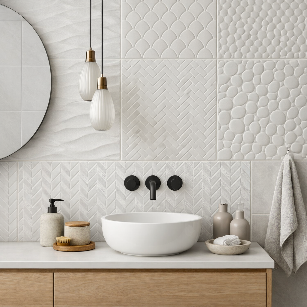 Modern white tile bathroom with various textures and designs