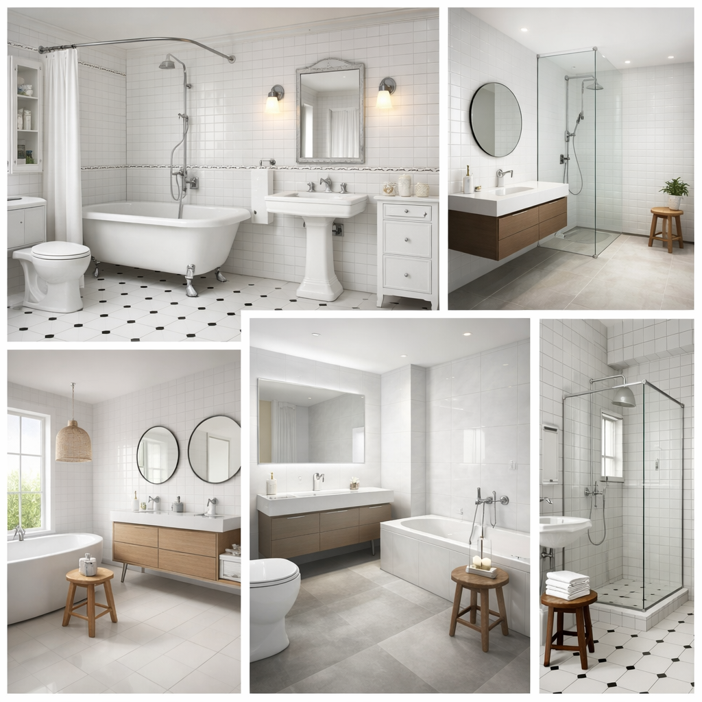 A collage of bathrooms featuring white tiles in various designs, showcasing versatility from vintage to modern styles.