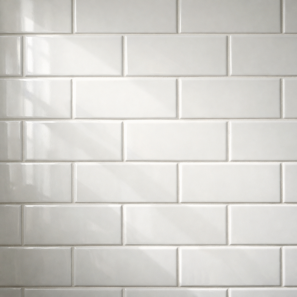 A close-up view of white subway tiles arranged in a classic pattern.