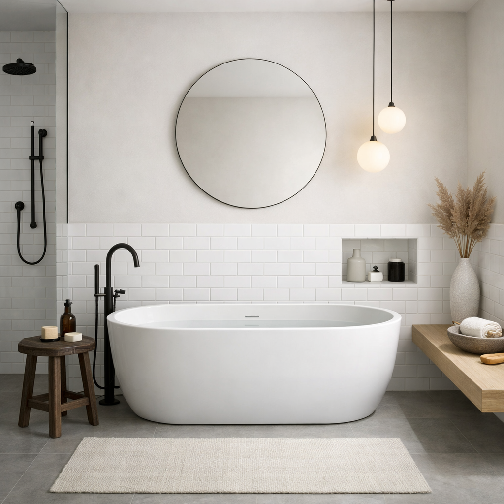 Modern white tile bathroom with a freestanding tub, minimalist fixtures, and natural accents.