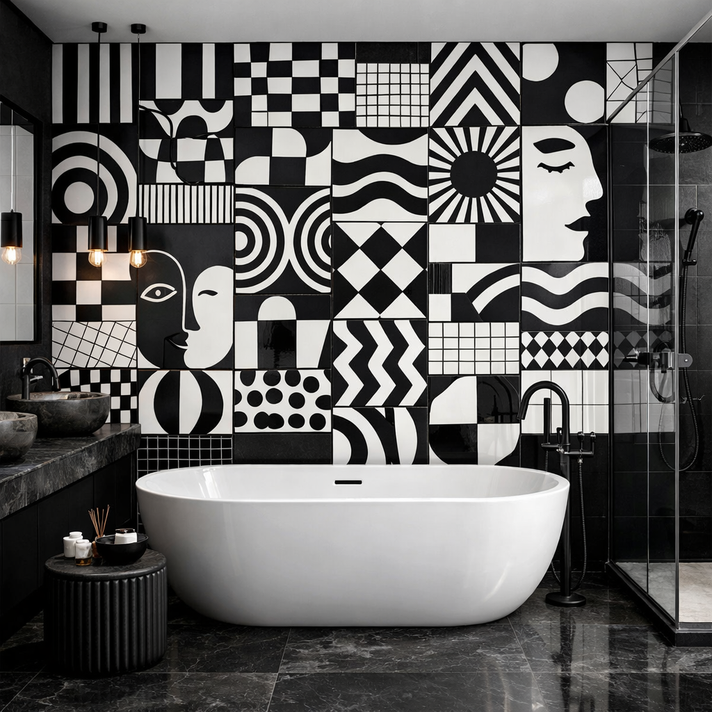A modern bathroom with a bold black and white tile accent wall featuring geometric patterns. The space includes a freestanding white tub, sleek fixtures, and a minimalist design.