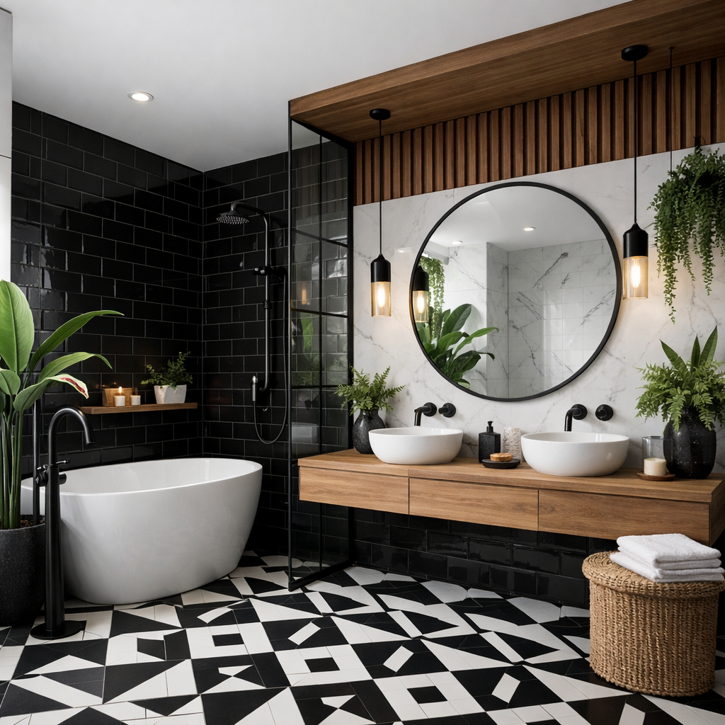 A modern black and white tile bathroom featuring a freestanding bathtub, wooden vanity, circular mirror, and potted plants.