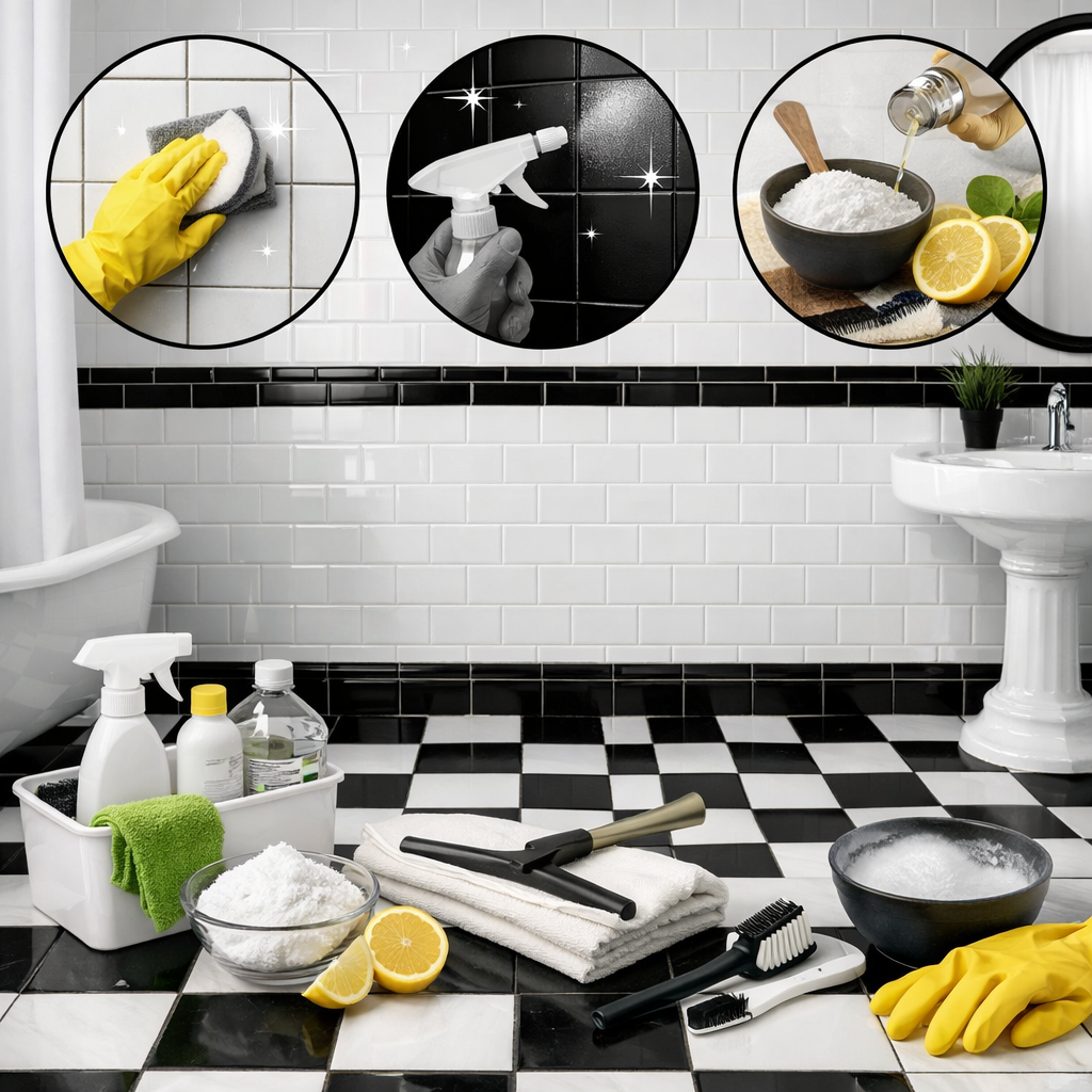 A black and white tile bathroom setup with cleaning supplies and tips.