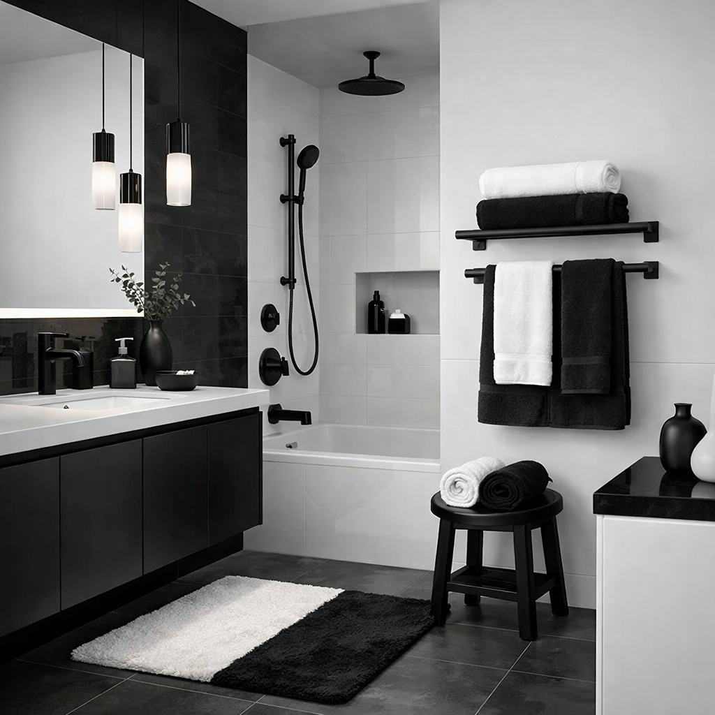 Modern black and white tile bathroom with stylish fixtures and accessories