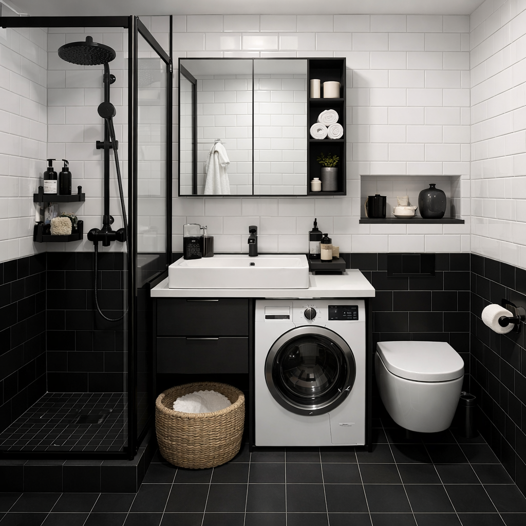 Modern bathroom featuring black and white tiles, a shower area, and integrated laundry