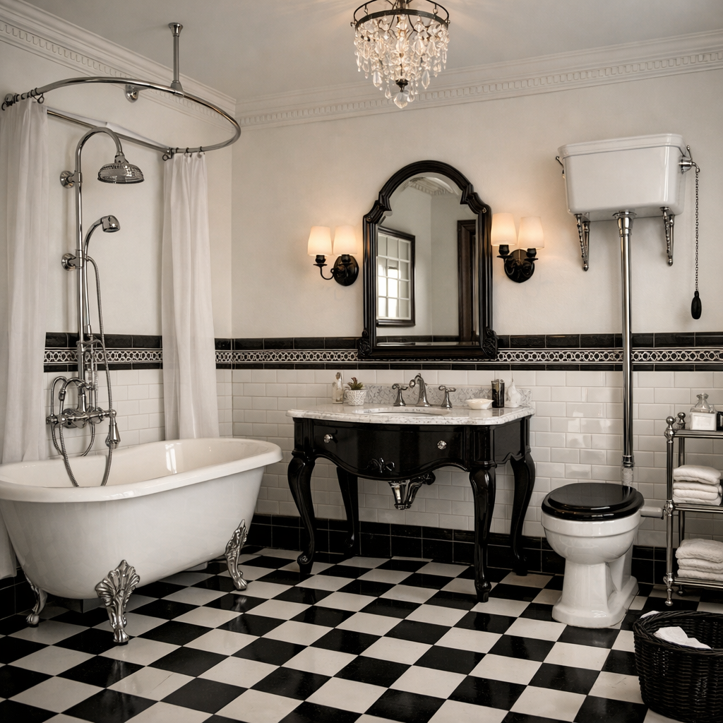 Elegant black and white tiled bathroom with vintage fixtures.
