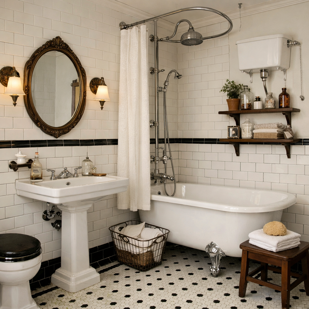 A vintage-style bathroom featuring white subway tiles, a clawfoot tub, and elegant lighting.
