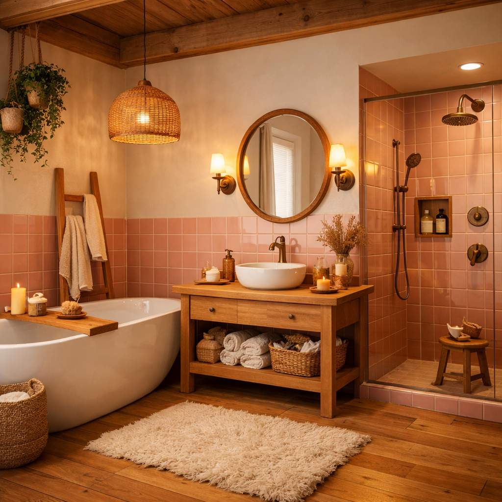 A pink tiled bathroom featuring natural wood elements, a white bathtub, and warm lighting.