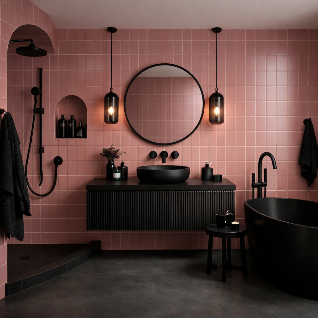 Bathroom with pink tiles and dark fixtures featuring a modern design.