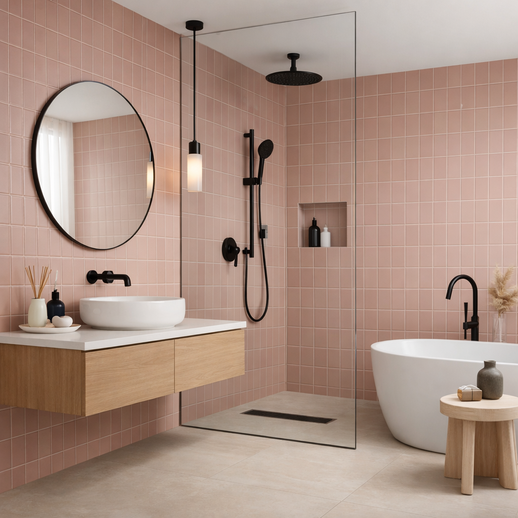 A modern blush pink tile bathroom featuring a round mirror, shower, and elegant fixtures.