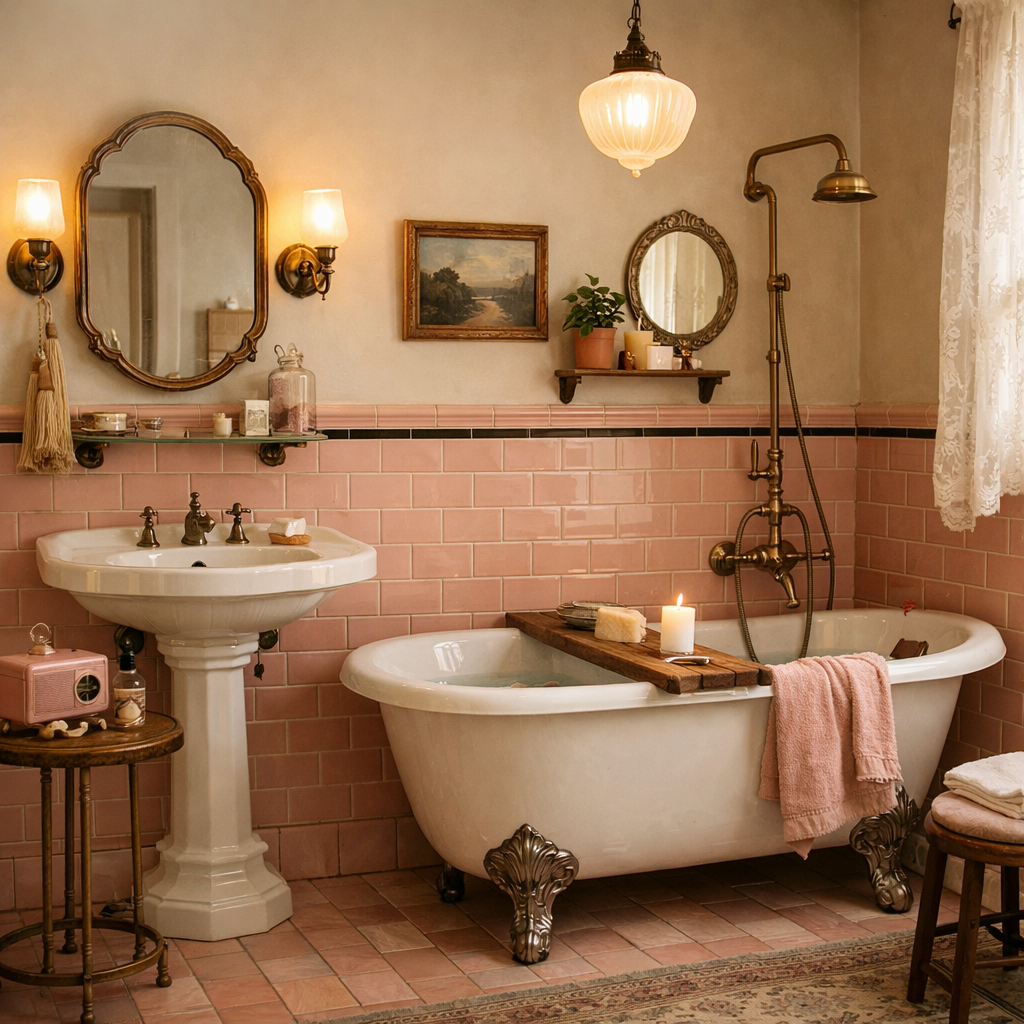 A vintage bathroom featuring pink subway tiles, a clawfoot tub, and elegant accessories.