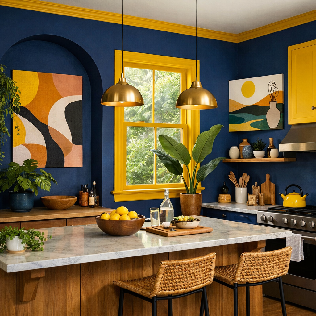 A kitchen featuring blue walls with yellow trim, pendant lights, and modern decor.