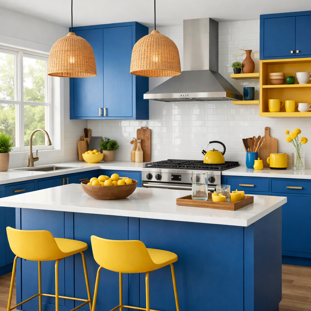 Bright kitchen featuring blue cabinets and yellow accents with a sunny, inviting atmosphere.