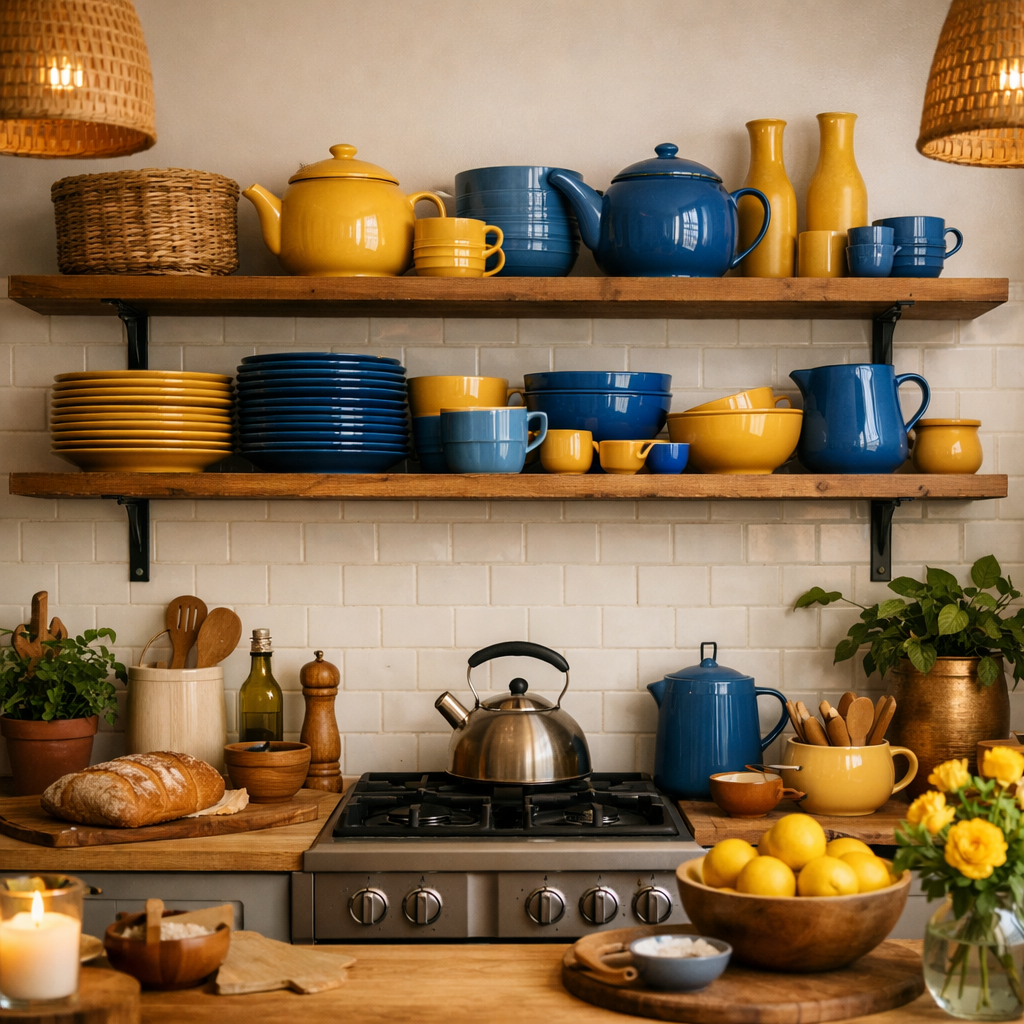 A cozy kitchen with open shelving displaying blue and yellow dishes, a kettle, fresh lemons, and a loaf of bread.