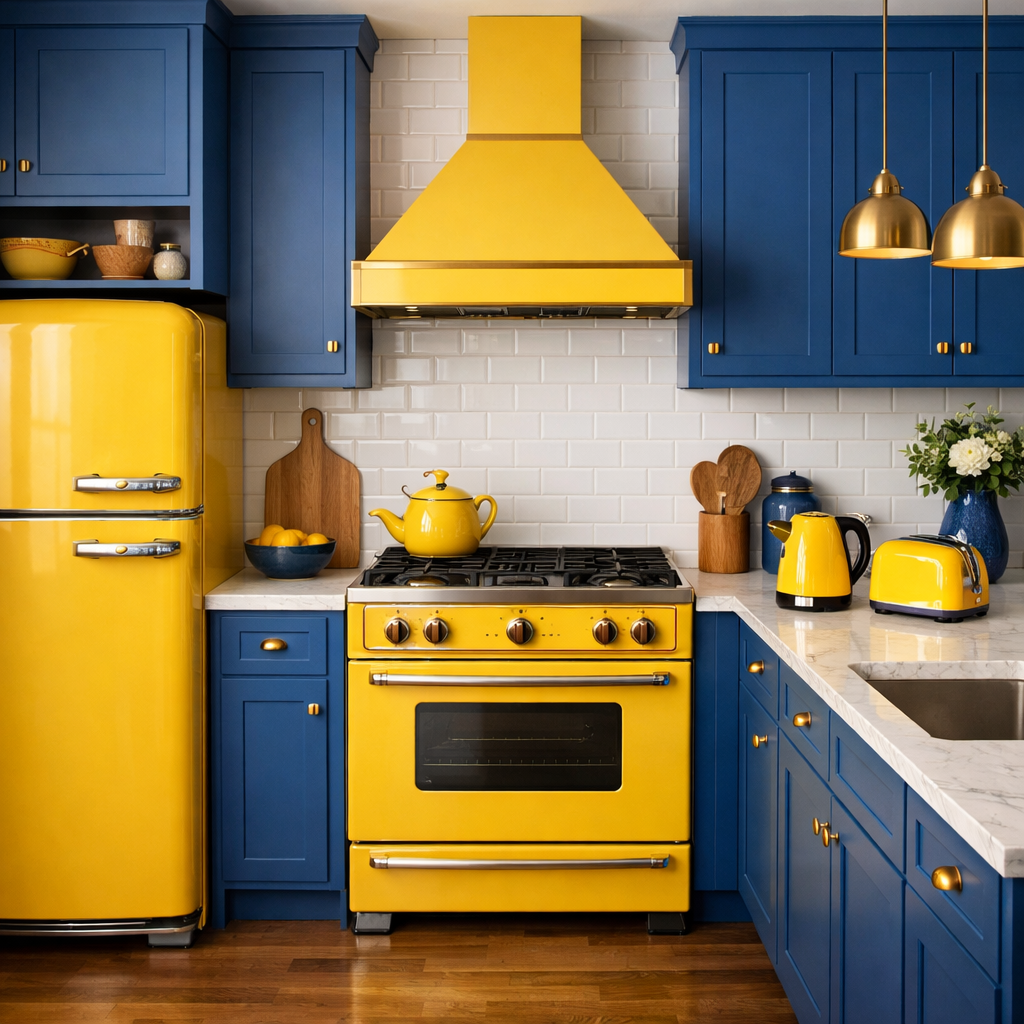Colorful kitchen featuring yellow appliances and blue cabinetry.