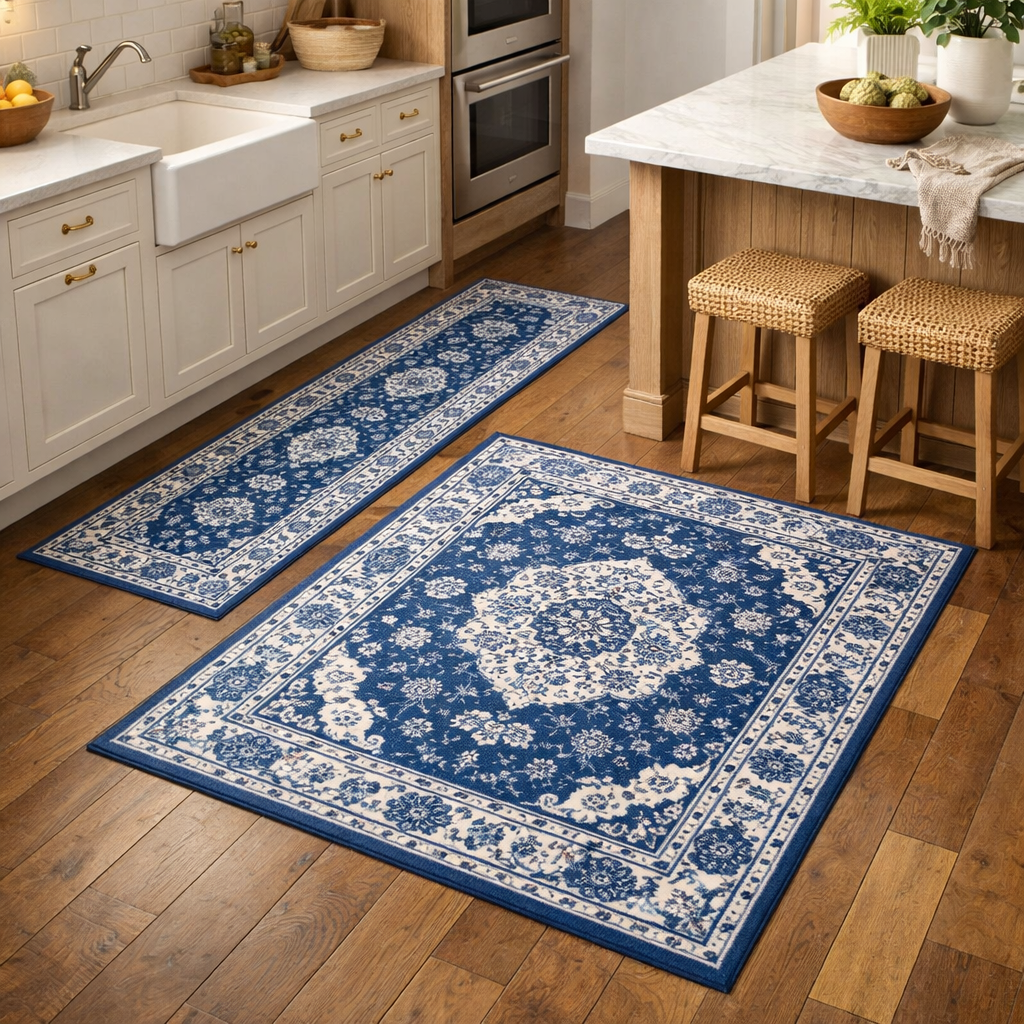Blue and white patterned rugs in a kitchen setting, adding style and comfort.