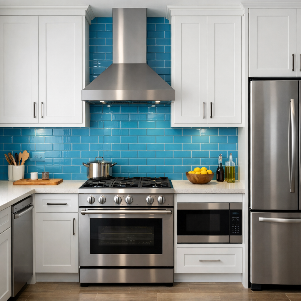 Bright cerulean tile backsplash in a modern kitchen with white cabinets and stainless steel appliances.