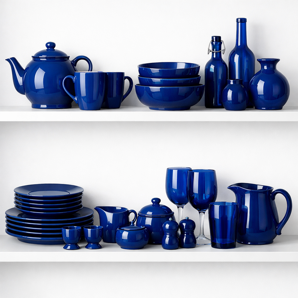 A beautiful display of cobalt blue dishware including teapots, cups, and plates on white shelves.