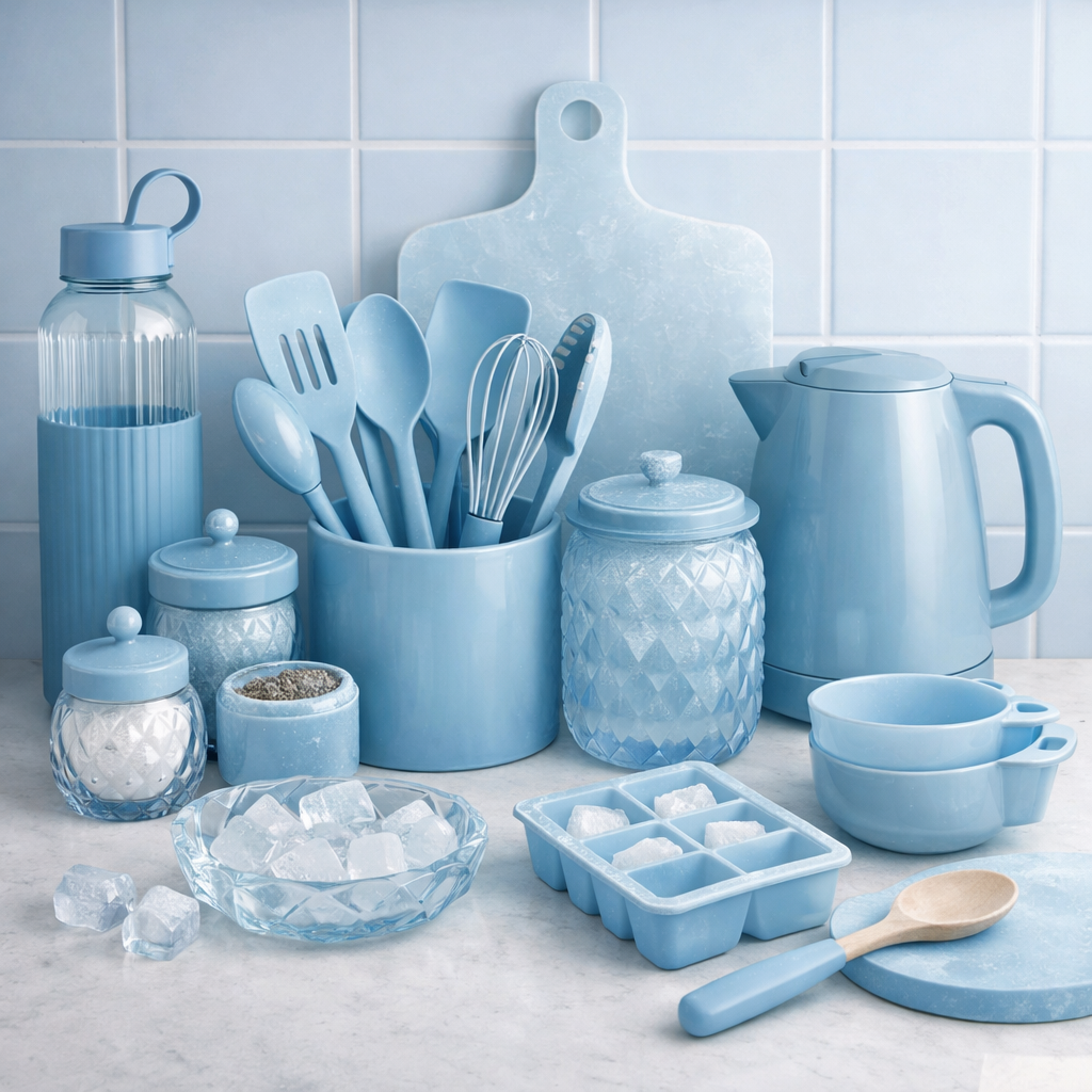 A collection of icy blue kitchen accessories including utensils, storage jars, and an ice cube tray.