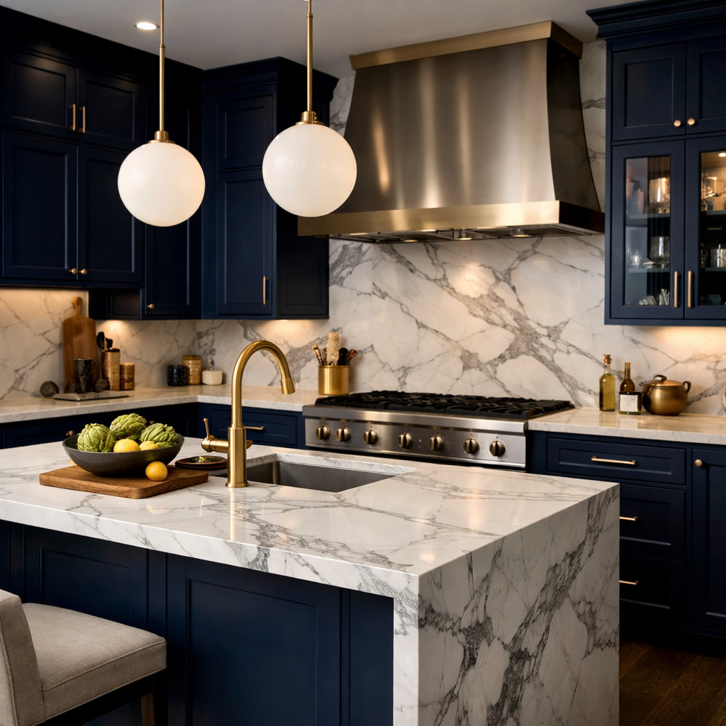 A stylish kitchen featuring midnight blue cabinetry with marble countertops and brass fixtures.