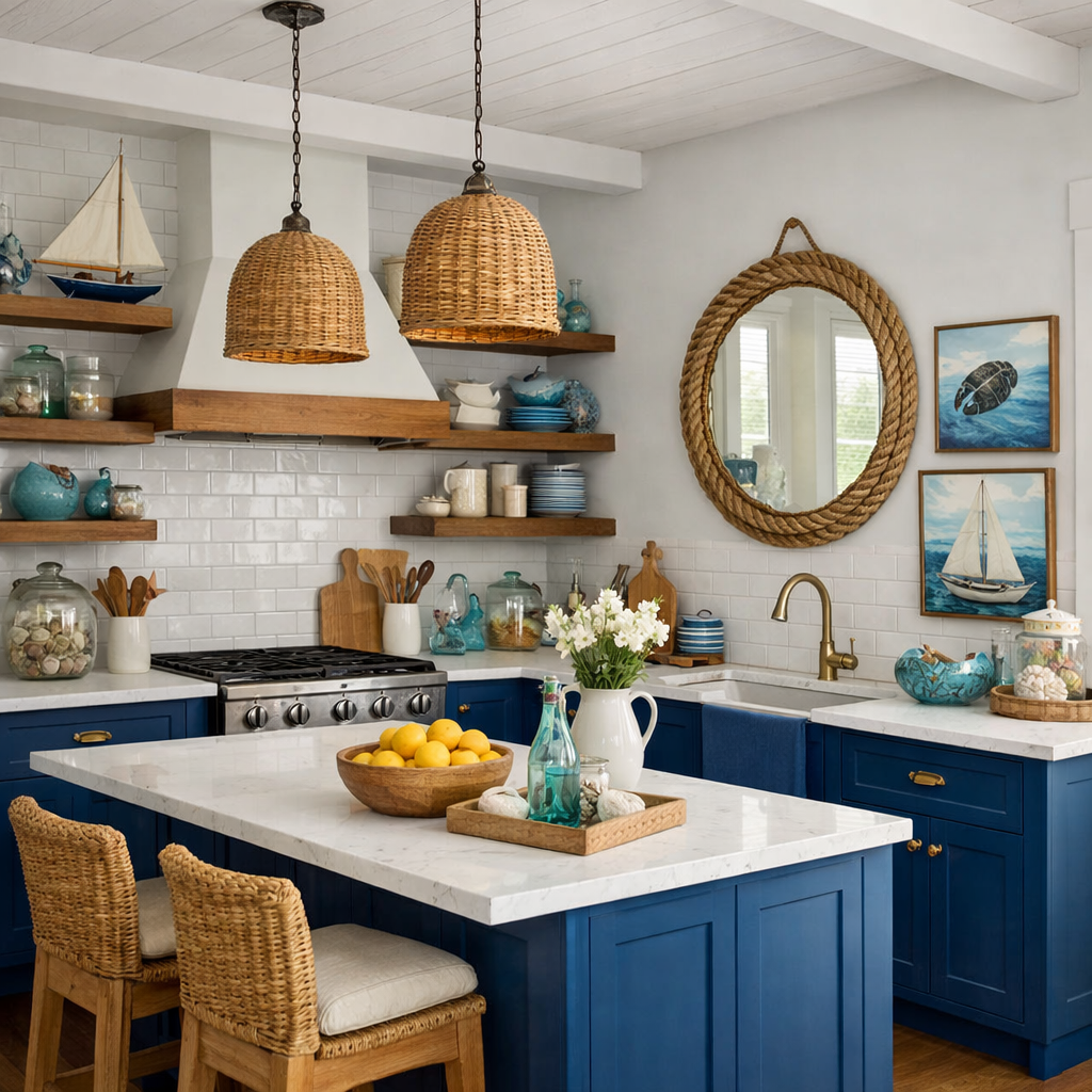 A modern kitchen featuring ocean blue cabinets, wooden shelves, and nautical decor elements.